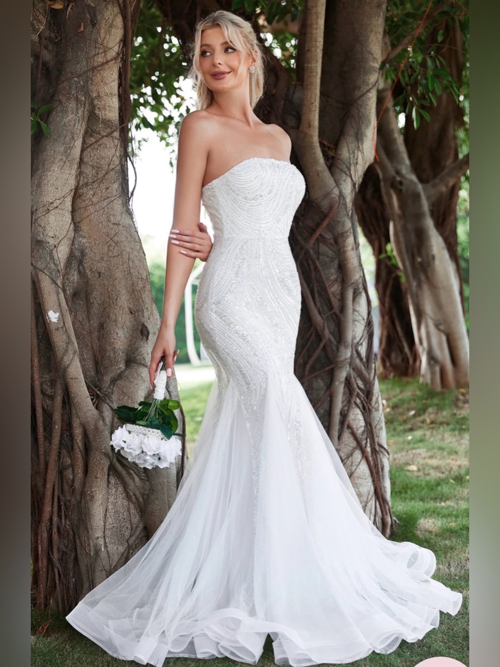 White Beaded Strapless Mermaid wedding/prom Dress Sz large (8-10)
